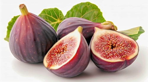 Ripe purple figs with green leaves shown whole and sliced with visible details, AI generated