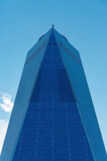 New York City, USA, June 20, 2018: Low angle view of One World Trade Center in New York. Vertical