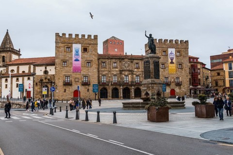 Gijon, Spain, March 28, 2024: Square or Plazuela of Marques in central Gijon near the old harbour.