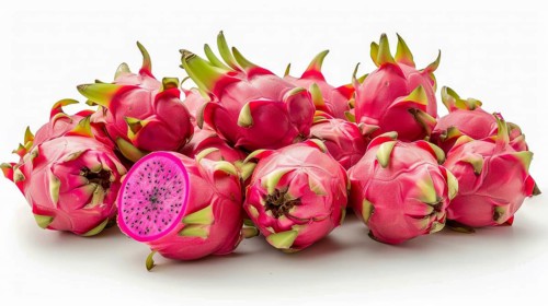 Vivid pink dragon fruits with a cross-section slice showing bright pink flesh and seeds, AI