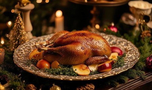A large roasted turkey is on a plate with apples and herbs. The turkey is surrounded by a green