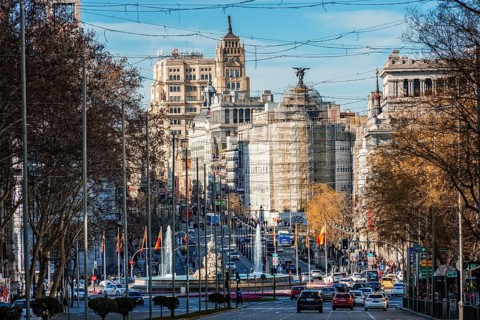 Madrid, Spain, January 28, 2024: Perspective of Alcala street, Cibeles Square and Gran via from