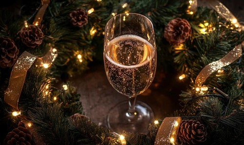 A glass of champagne is sitting in a wreath of pine needles. The wreath is lit up with Christmas