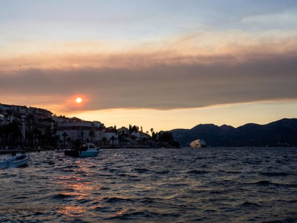 Evening atmosphere in front of sunset, Korcula harbour, Korcula island, Dalmatia, Croatia, Europe