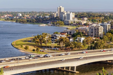 Narrows Bridge, Swan River and South Perth Esplanade photographed from Kings Park, Perth, WA,