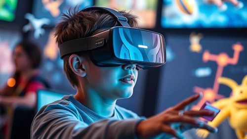 A young person immersed in a virtual reality experience wears a VR headset and is surrounded by
