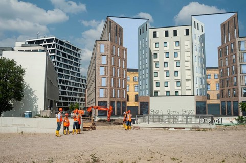11.06.2019, Berlin, Germany, Europe, Building plot for commercial buildings with painted façade