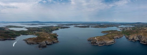A panorama view of the entrance to the Baltimore Harbor in West Cork with teh Sherkin Island