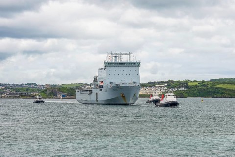 Plymouth, Devon, England, UK, May 25, 2022: A British Navy ship in Firestone Bay