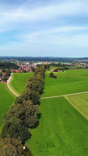Aerial view of Lindenallee in Marktoberdorf with a view of the historic castle. Marktoberdorf,