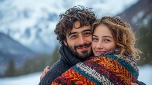 Happy couple embracing in front of snowy mountains enveloped in a colorful blanket, AI generated