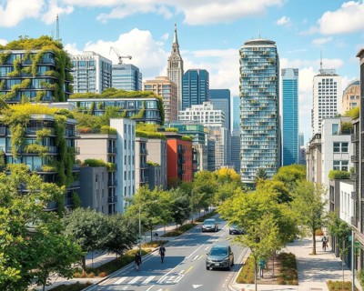 A modern city skyline with green roofs and vertical gardens on high-rise buildings. People walk or
