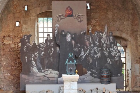 Powder magazine, figures, abbot gabriel, fighters, woman, memorial, Arkadi, Orthodox monastery,