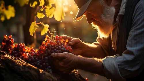 Weathered vintner inspects his wine grape harvest in the vineyard. generative AI
