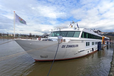 Passenger ship at anchor on the Rhine, Deutsches Eck, Koblenz, Rhineland-Palatinate, Germany,