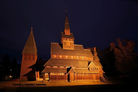 Night shot of the Gustav-Adolf-Stabkirche during blue hour, wooden church, twilight, Hahnenklee,