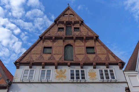 Historic half-timbered gable, Lüneburg, Lower Saxony, Germany, Europe