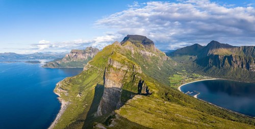 View from Finnesfjellet mountain to mountains and coast, Finnes, Helgeland coast, Bodø, Nordland,