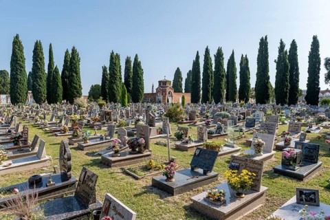 Graves in the central cemetery of Venice, cemetery island of San Michele, Venice, Italy, Europe