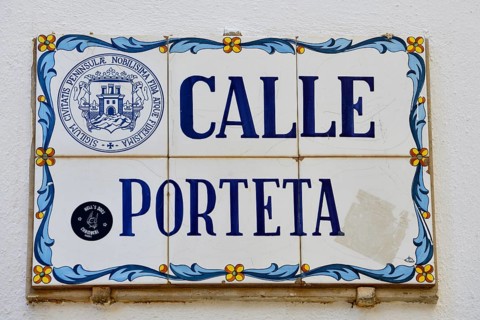 Street sign in the old town of Peñíscola, Castellón province, Costa del Azahar, Valencia region,