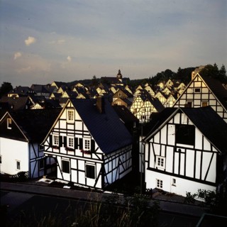 The picturesque town centre, here on 24.07.1991, of Freudenberg in the early morning, Germany,