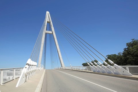 Cable-stayed bridge with pylon, pier, road, empty, bolt, tension sleeve, wire ropes, suspension