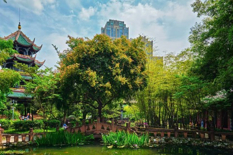 CHENGDU, CHINA, APRIL 15, 2018: Wangjiang Pavilion (Wangjiang Tower) in Wangjianglou Park. Chengdu,