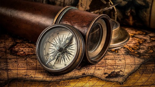 Travel geography navigation concept background, panorama of old vintage retro compass with sundial,