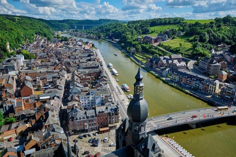 Aerial view of Dinant town, Collegiate Church of Notre Dame de Dinant, River Meuse and Pont Charles