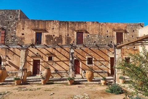 Residential building, doors, windows, vine arbour, Pithoi, Arkadi, Orthodox Monastery, National