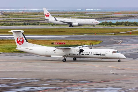 Aircraft of Ryukyu Air Commuter and Japan Transocean Air at Okinawa Airport (OKA) in Naha, Japan,