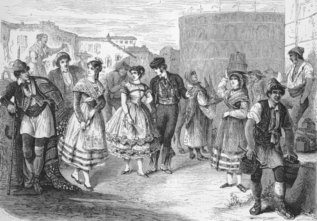 Citizens in Spain in typical dress around 1870, from left, Murca, Aragon, Valencia, Andalusia,