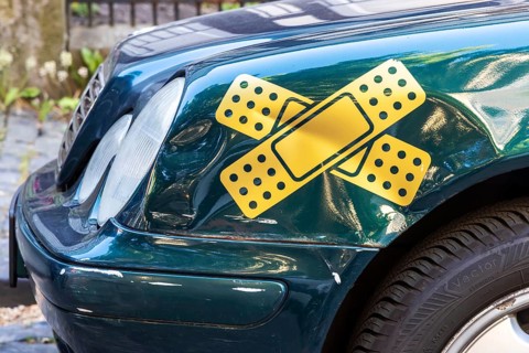Fender bender on a Mercedes, plaster instead of repair, Alsfeld, Knüllgebirge, Hesse, Germany,