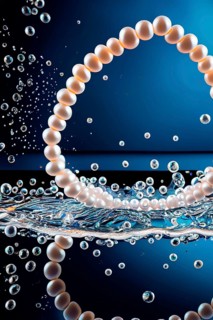 Pearl necklace in the water with splashes, drops and reflections, AI generated