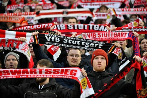 Fans VfB Stuttgart with fan scarves, fan block, fans, fan curve, flags, MHPArena, MHP Arena