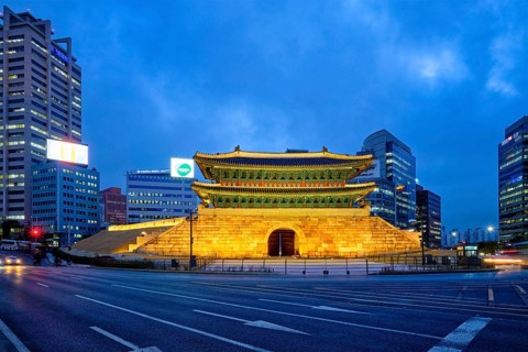 Seoul, South Korea, April 1, 2016 : Namdaemun Gate Sungnyemun at night with city traffic, Seoul,