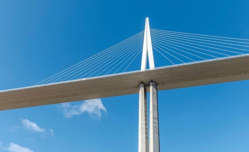 Millau viaduct, cable-stayed bridge over Tarn valley. The highest road bridge in the world. A75
