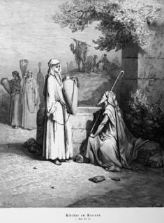Bible, Rebekah at the well, Genesis 1, 24, 15, people, woman, drawing water, jug, robe, old man,