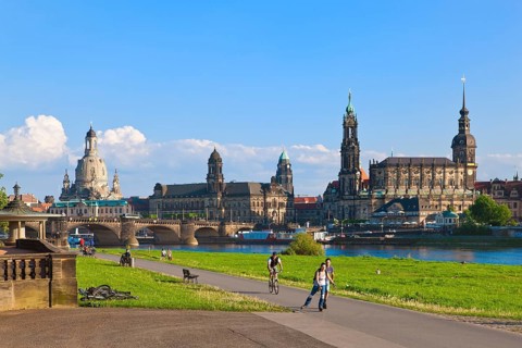 Dresden Silhouette View from Neustätter Elbufer to Dresden Old Town