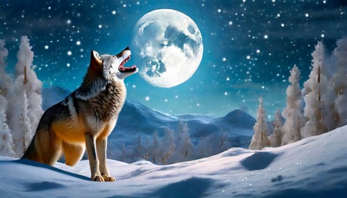 A wolf in a winter landscape howls at the full moon, AI generated