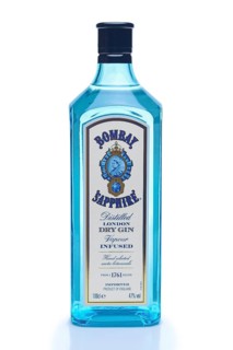April 22, 2017, Belarus, Minsk, vertical photo of Bombay Sapphire bottle with shadow isolated on