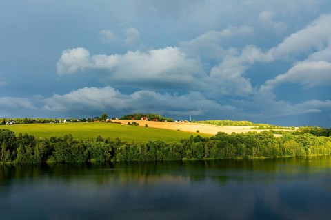 Rain clouds over the dam on a summer evening., Malter, Saxony, Germany, Europe