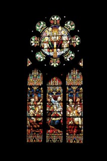 Church window Easter in the chancel of the Luther Church, interior view, colourful, stained glass,