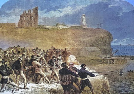 The Tynemouth Brigade of Volunteer Rescue Squads practising manoeuvring the rescue gondola, In the