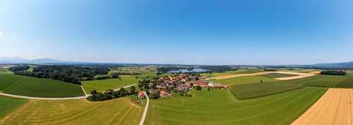 Drone shot, Abtsdorfer See with village Abtsdorf, Rupertiwinkel, Upper Bavaria, Bavaria, Germany,