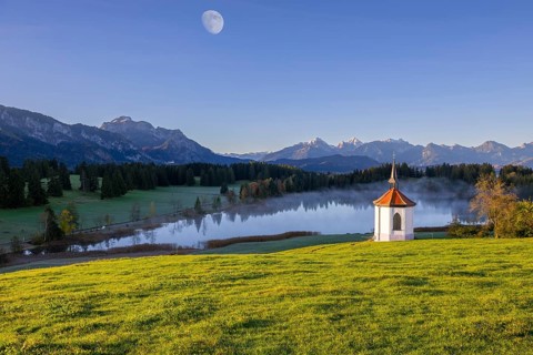 Photomontage, chapel at Hegratsrieder See, near Füssen, moon, Allgäu Alps, Allgäu, Bavaria,