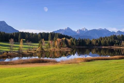 Photomontage, Hegratsrieder See near Füssen, moon, Allgäu Alps, Allgäu, Bavaria, Germany, Europe