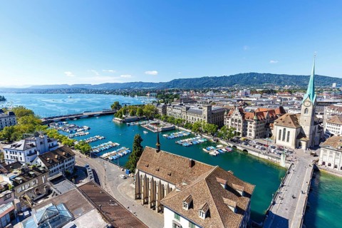 Lake Zurich skyline from above with Lake Zurich in Zurich, Switzerland, Europe