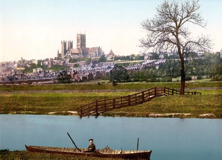 Lincoln, capital of the county of Lincolnshire and touched by the River Witham, c. 1895, England,
