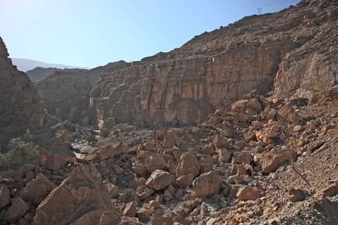 Landscape in the Jebel Harim area, in the Omani enclave of Musandam, Oman, Asia